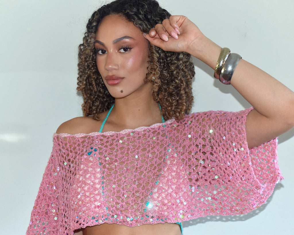 Crochet Sequin Poncho Shawl — Pink