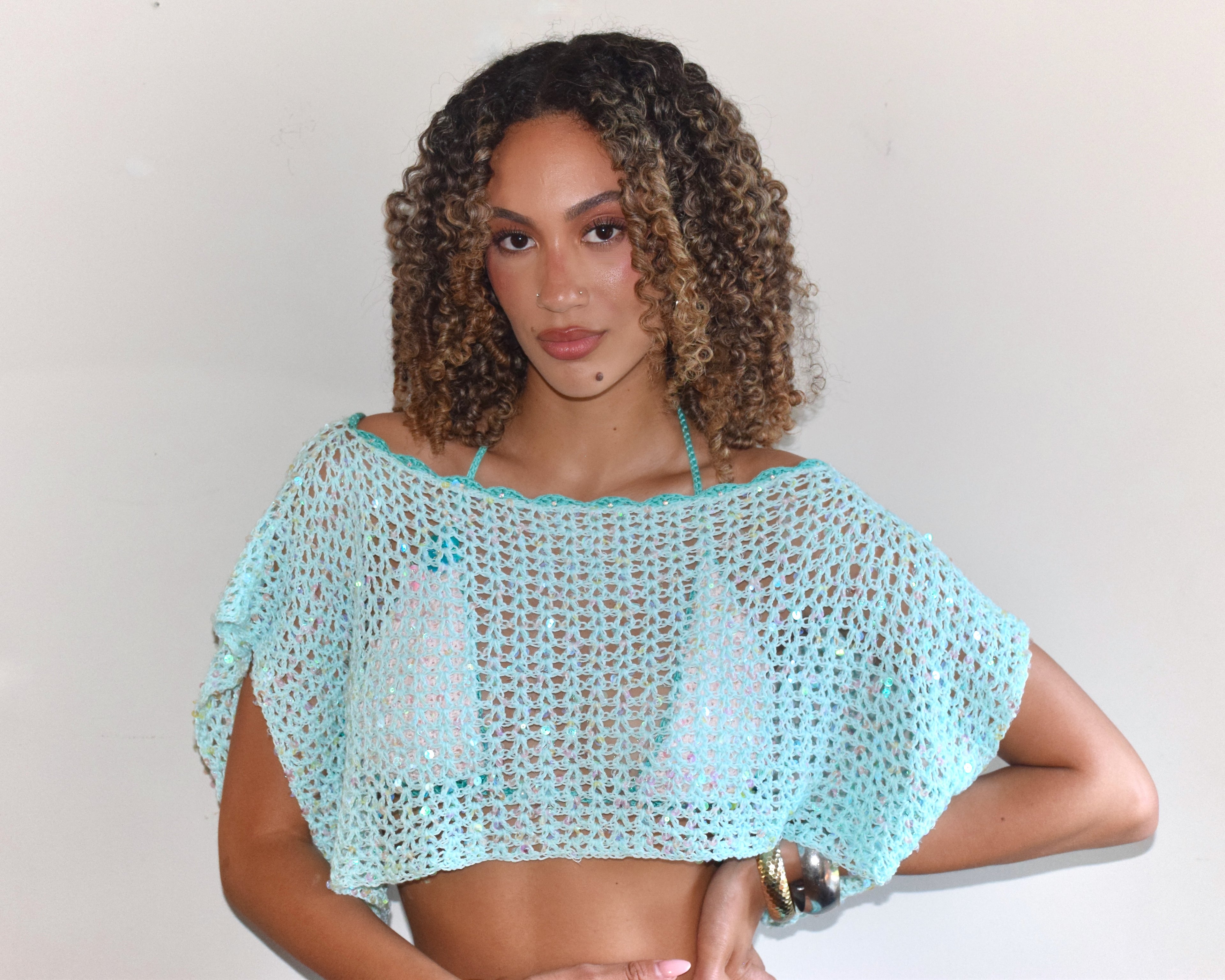 Crochet Sequin Poncho Shawl — Turquoise Aqua