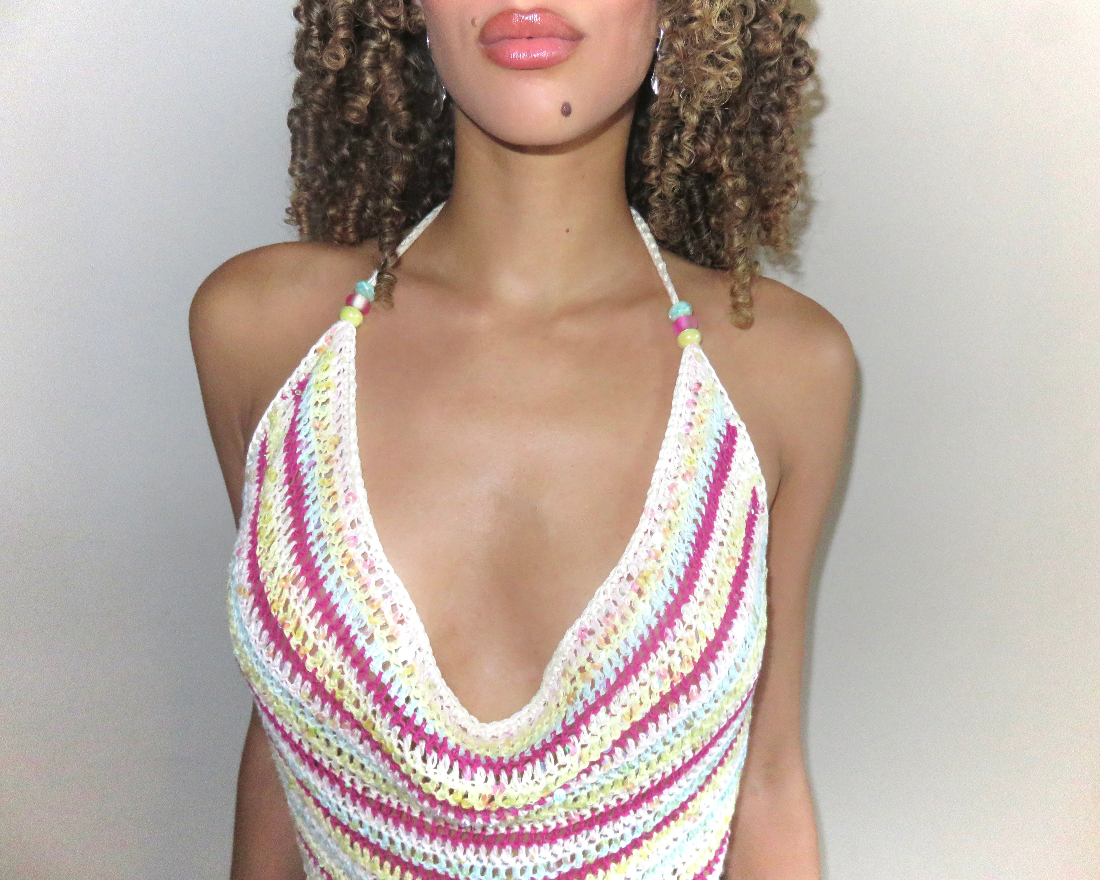 Stripe Crochet Halter Cowl Dress